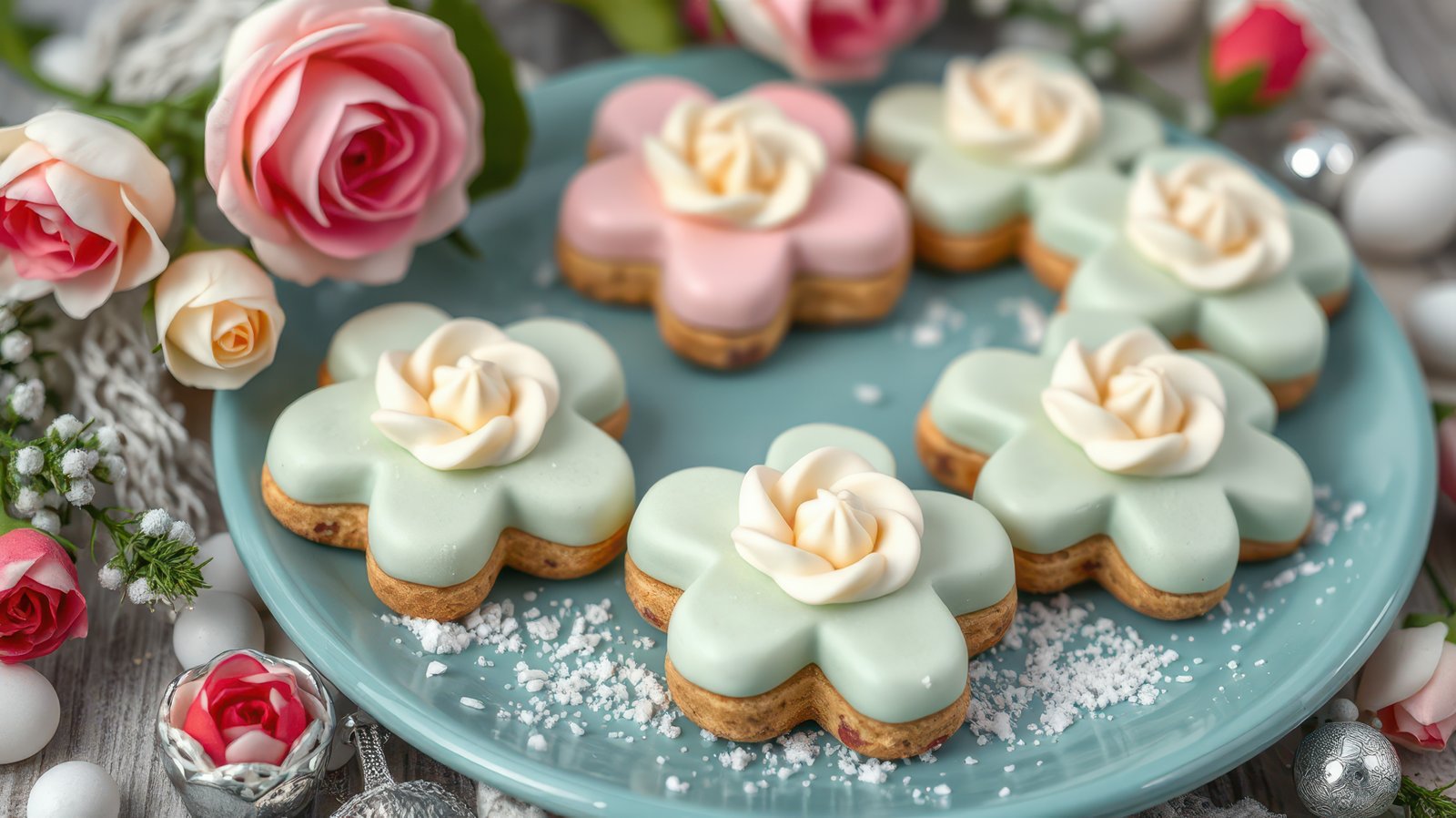 Colorful flower-shaped cookies with decorative icing and rose accents on a decorative plate
